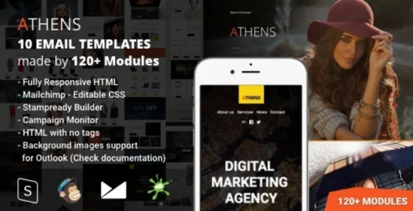 Athens – 10 Responsive Email Templates (120+ Modules) with Mailchimp Editor & StampReady Builder