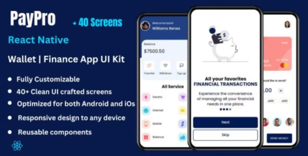 PayPro - Banking | Money Transfer App UI Kit Template | Digital Wallet | React Native App