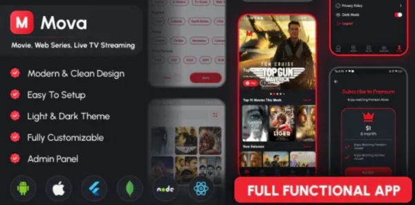 Mova - Movie, Web series, Live TV Streaming Flutter App script with Admin Panel